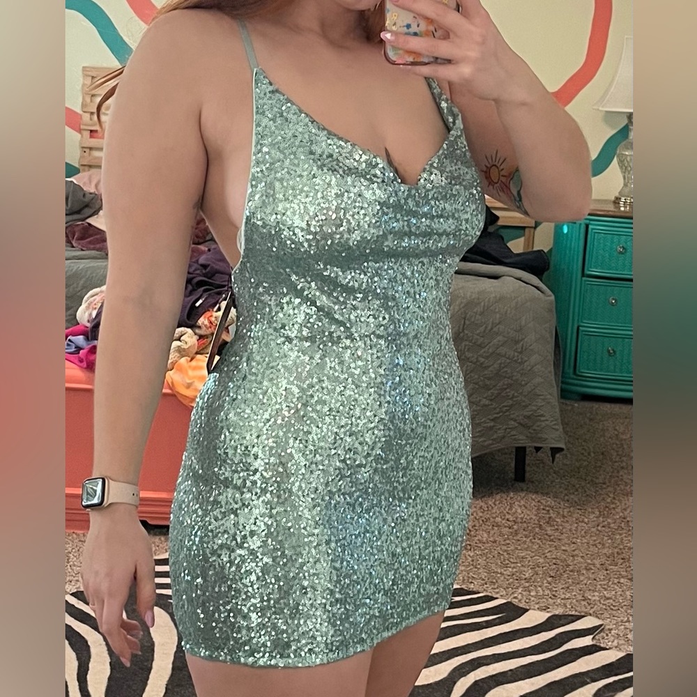 Blue sequin cowl neck body con dress